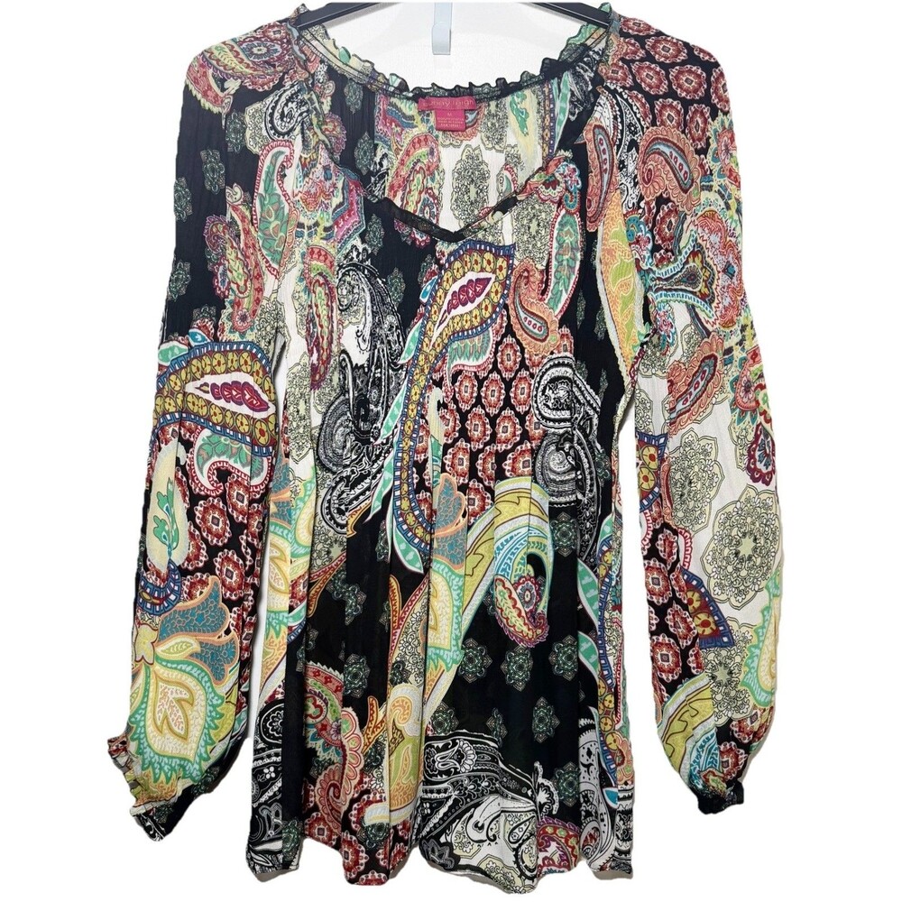 Sunny Leigh Blouse Womens M Boho Paisley Peasant Top Long Sleeve Vneck